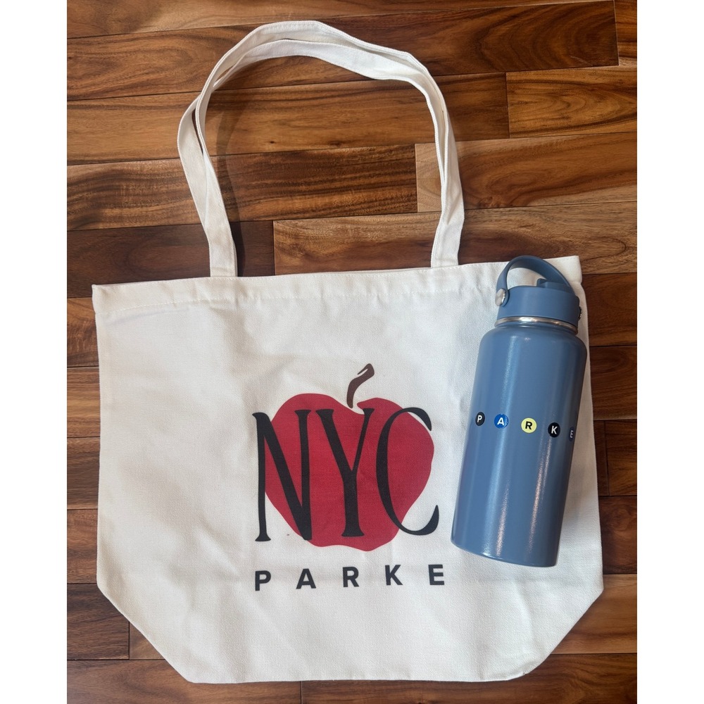 Parke NYC Pop Up Canvas Tote Bag and Blue Subway Water Bottle Set